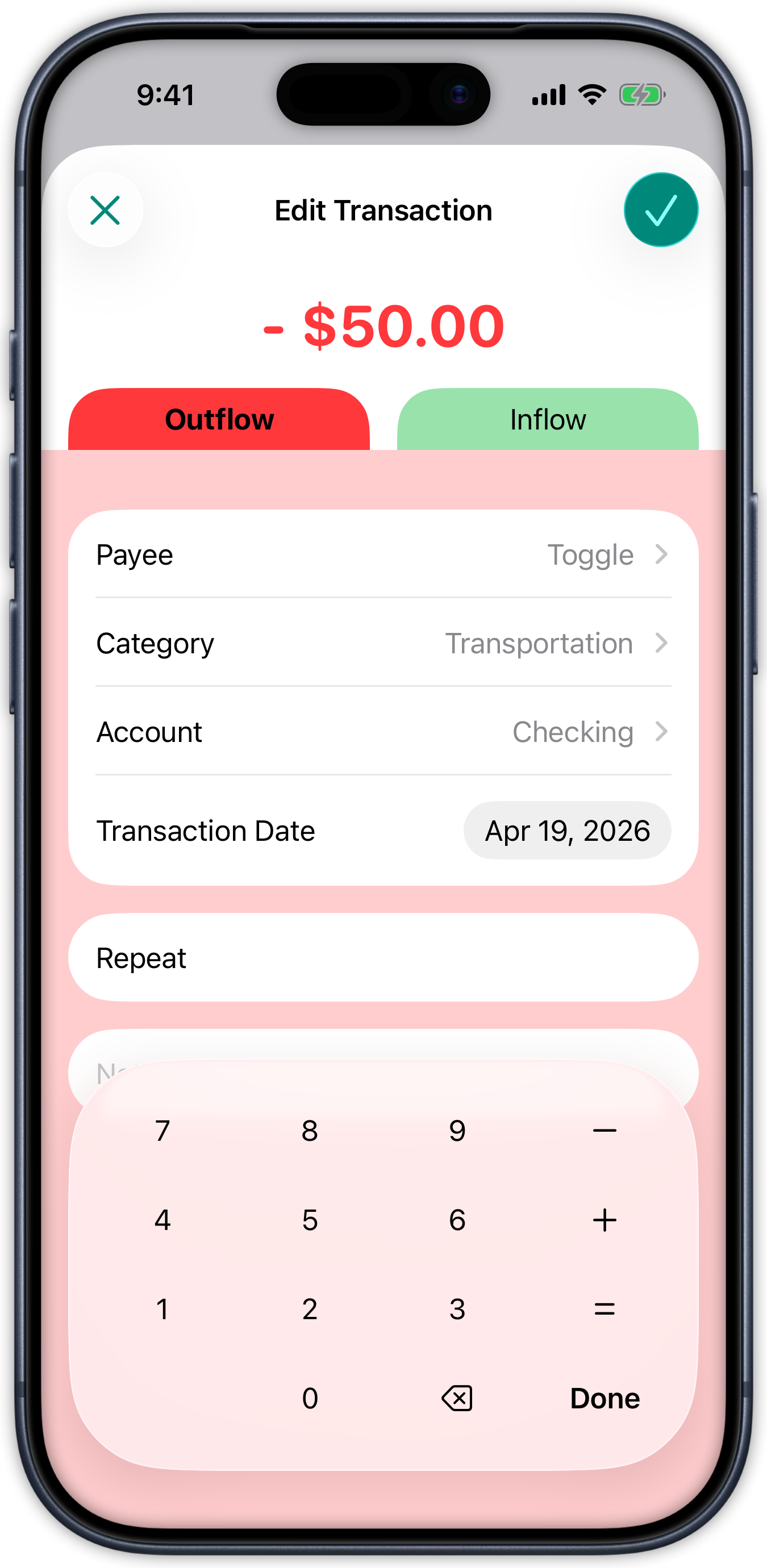 Edit transaction view